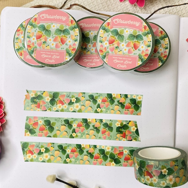 Strawberry Washi Tape Paper Tape Decorative Journal Tape  Flower Washi Tape Scrapbook Decoration for Journal Diary Tape Easy Tear Paper Tape