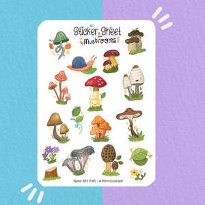 Sticker Sheet - Mushrooms - Journaling Stickers - Planner Sticker - Scrapbook Sticker - Floral Sticker - Flower Sticker - Mushroom Sticker