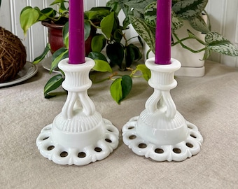 Unique Vintage Pair of Laced Foot Westmoreland Doric Milk Glass Candle Holders