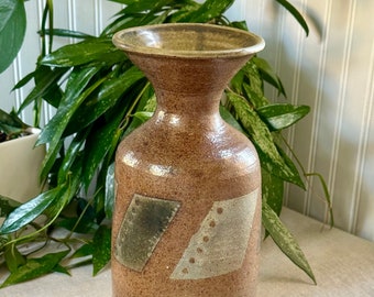 Tall Vintage Studio Pottery Vase, Handmade, Geometric, Signed, Ceramic, Brown, Gray