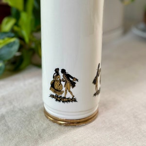 Vintage German Porcelain Cylinder Vase 17th Century Silhouettes, White, Black, Gold