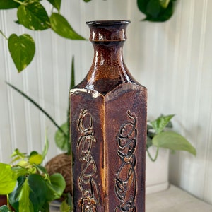 Tall Vintage Hand Made Studio Ceramic Vase, signed, abstract, brutalist Brown
