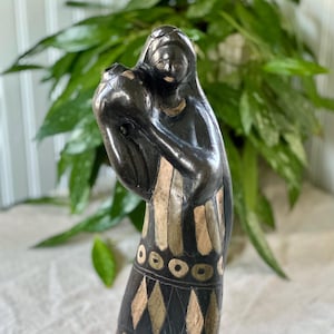 Vintage Oaxaca Black Pottery Sculpture: Woman with Jug, Manuel Felguerez Style