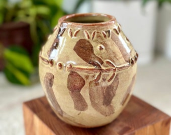 Vintage Handmade Ceramic Vase Terra Cotta Hand Painted Tan Brown