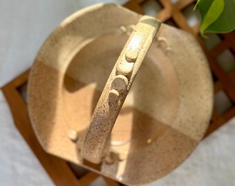 Vintage Pottery Dish with Handle Handmade signed Tan and Cream 1970s Signed