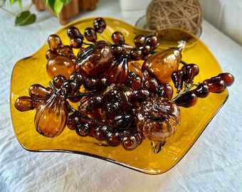 Mid Century Large Hand Blown Murano? Amber Glass Bowl and Fruit. Complete set . Rare