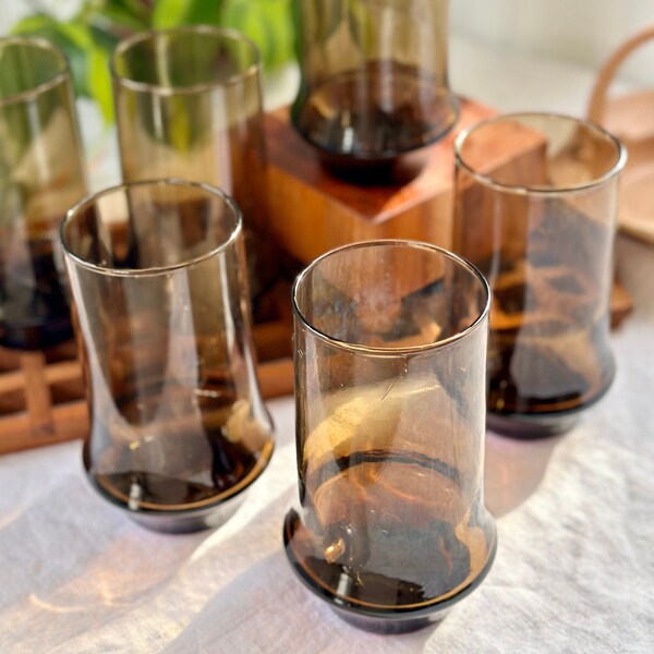 6 Vintage MCM Libbey Tawny Impromptu Tumblers Glass Chocolate Brown 1970s