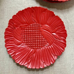 Vintage Red Chinese Cinnabar Plates Set of 4, Hand Carved Flower