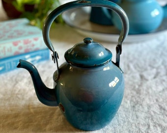 Vintage French Enamel Teapot Teakettle Blue Teal Ombre Rustic Chippy
