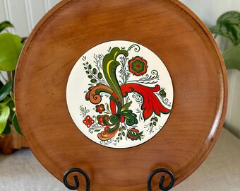 Vintage Round Charcuterie Cheese Board Serving Tray Wood Ceramic Tile 1970s