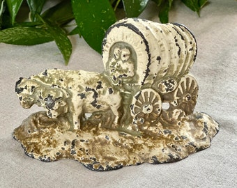 Vintage Cast Iron Conestoga Covered Wagon Bookend Door Stop Book End Oxen