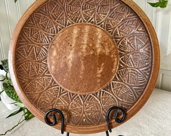 Large Studio Pottery Round Platter/Wall Decor, Browns, Vintage, Geometric Design, Signed, Ceramic, Steve Coburn