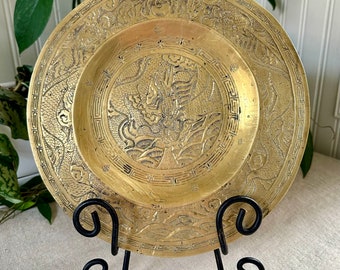 Antique Chinese Brass Dragon Plate: Ornate Engraved Decor
