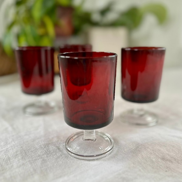 MCM Mid Century Vintage Ruby Red Footed Glasses Cavalier Made in France Set of 4