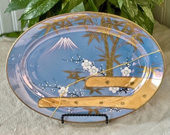 Kintsugi Repaired Vintage Japanese Lusterware Platter: Art Deco Mt. Fuji Decor