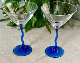 Set of 2 Vintage Wavy or Z Stem Libbey Courbe Martini Glasses Zig Zag Cobalt Blue Cocktail Glasses Vintage Barware, Post Modern