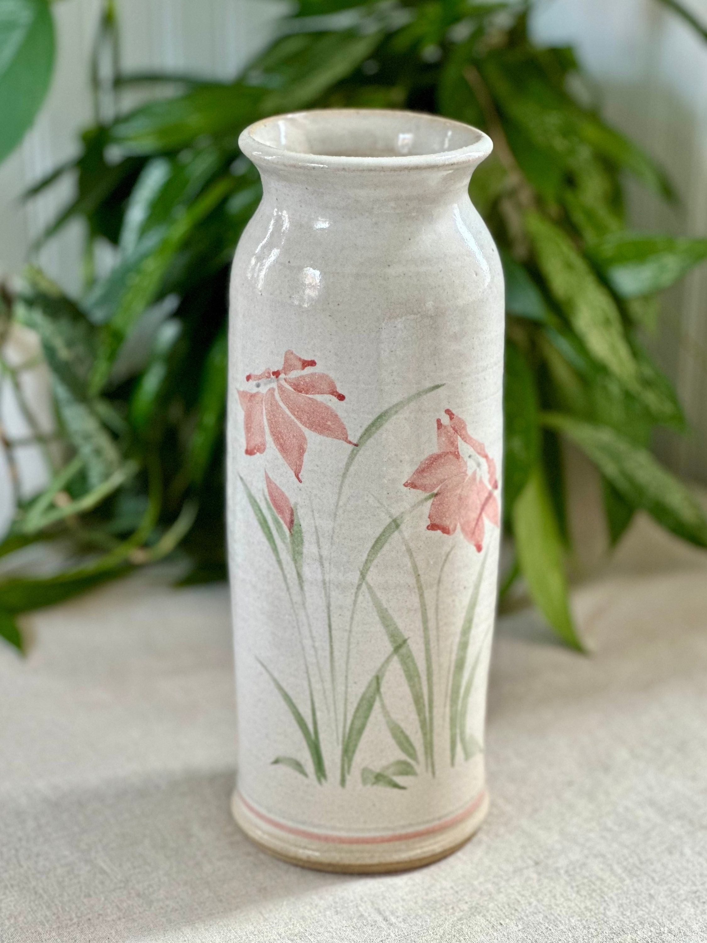 Vintage Tall Pottery Vase With Hand Painted Pink Flowers, Pottery - Etsy