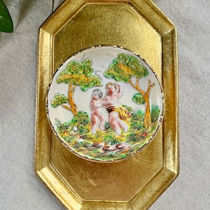 Vintage Raised Relief Capodimonte Italian Dish, Hand Painted, 2 Children, Cupid, Trees, Very Detailed