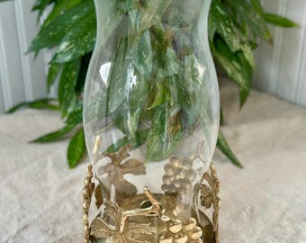 Vintage Brass Grape Leaf Hurricane Candle Holder - 12" Tall Centerpiece