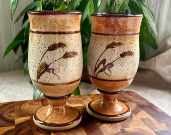 Set of 2 Studio Pottery Wine Goblets, 1970s, Vintage, Wheat, Earth Tones, Handmade
