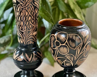 Set of 2, Vintage Hand Carved Wood Folk Art Vases Black.