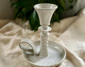 Vintage Studio Pottery Tall Candlestick Holder, Signed, Ceramic, Handle, Speckled