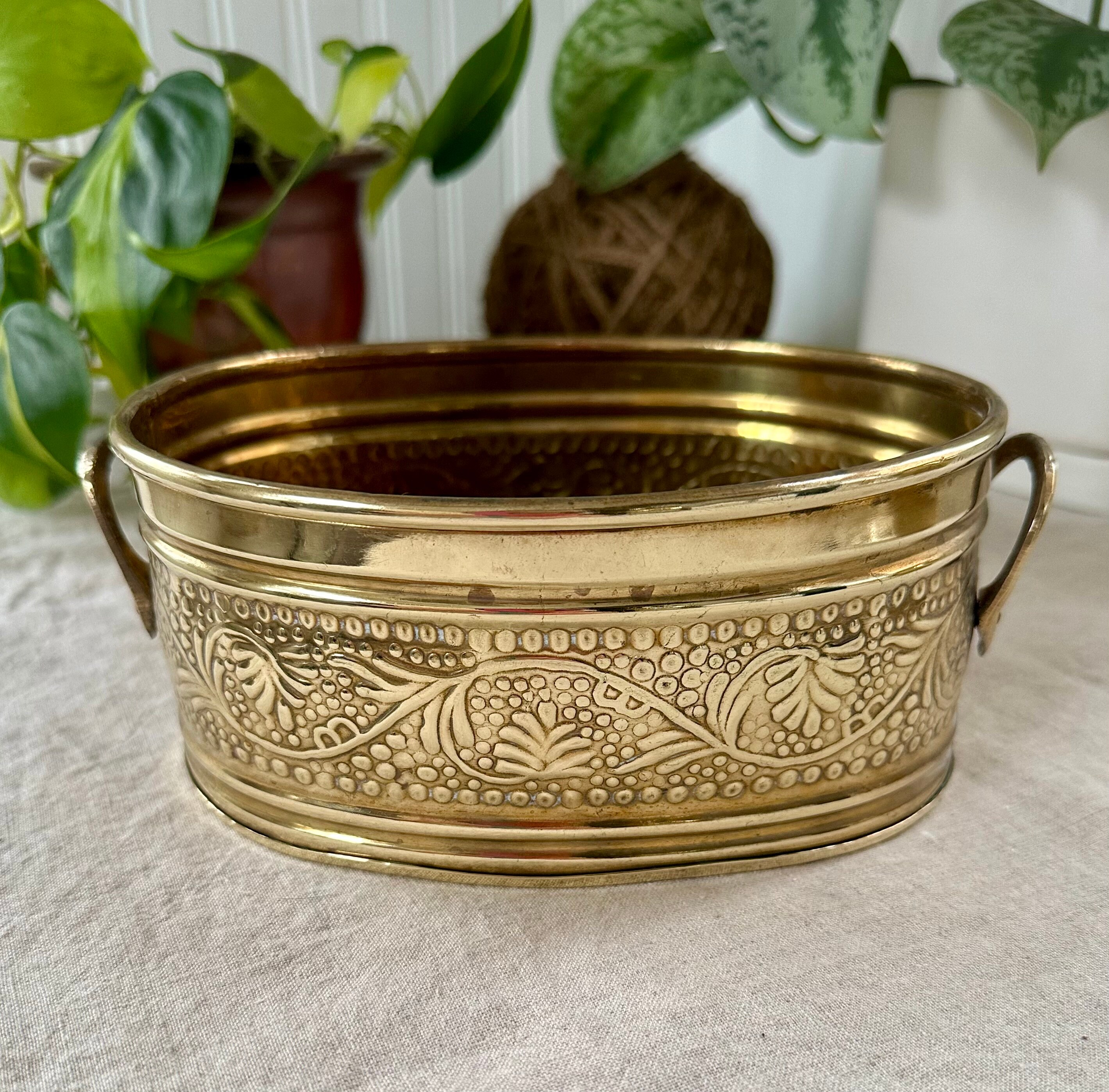 Vintage Embossed Brass Planter Oval Handles Boho Mid Sized Etsy