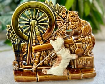 Vintage McCoy Pottery Planter Spinning Wheel Dog Cat, Scotty, Brown, Kitsch