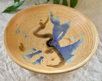 Handmade Studio Pottery Bowl, Tan, Blue, Brown, Signed, Ceramic, Abstract