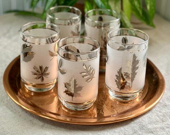 Mid Century Frosted Glass Tumblers: Silver Leaf Design, Set of 5