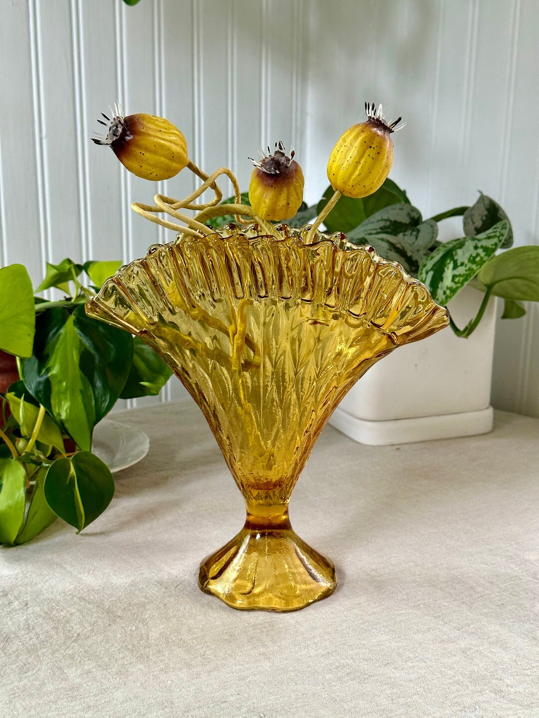 Vintage Amber Fenton Peacock Fan Vase MCM Glass Ruffled Edge Etsy