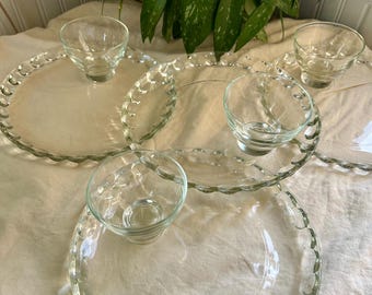 Vintage Glass Luncheon Set with Plates and Bowls, Set of 4, Boopie Bubble Edge