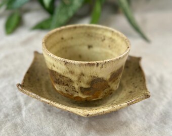 Studio Pottery Cup and Saucer, Chawan Tea Bowl, Teacup, Handleless, Ceramic, Handmade, Signed