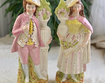 Vintage Staffordshire-Like Figurines: Hand-Painted Flower Seller & Gardener Pair