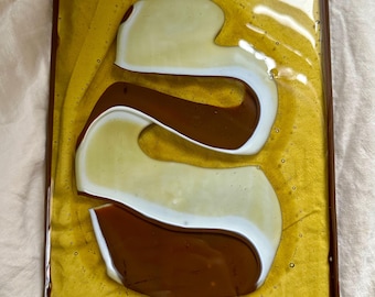 Fused Glass Art, Abstract Wall Hanging, Amber Brown White Decor