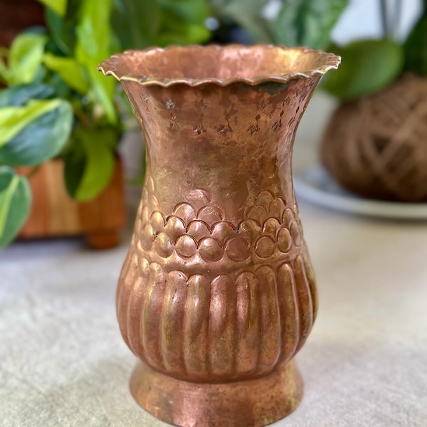 Vintage Rustic Copper Vase, Stamped, Patina, Egypt