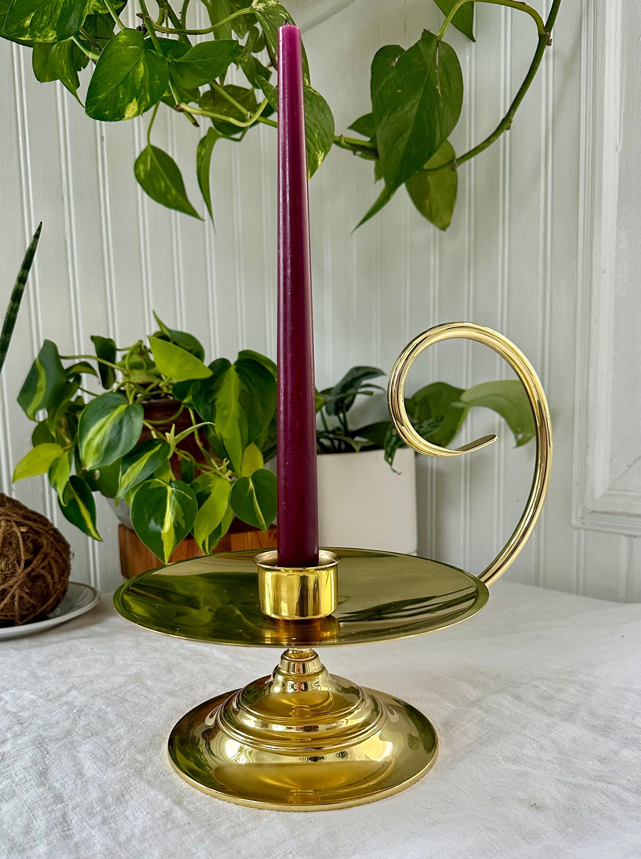 Vintage Large Brass Chamber Candleholder With Handle, Single Taper