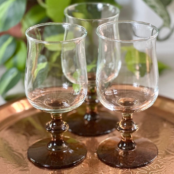 Vintage Libbey Glass Co. Tulip Shaped Wine Glasses With Wafer Stems, Set of 3, Smoky Brown Base With Clear Bowl, Vintage 1970’s