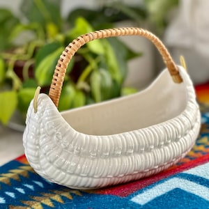 Vintage Ceramic Basket Weave Canoe Dish Wicker Handle Southwestern