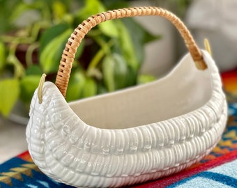Vintage Ceramic Basket Weave Canoe Dish Wicker Handle Southwestern