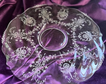 Vintage 1940s Heisey  Etched Platter, Orchid Waverly 14” Plate, Elegant Depression Glass, Mid Century