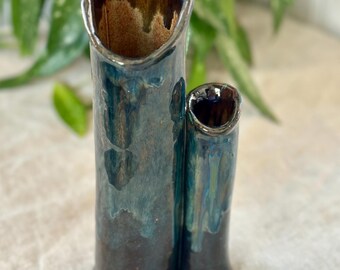 Studio Keramik Doppelvase, Blau, Lila, Tropfglasur, Handgemacht, Signiert, Keramik