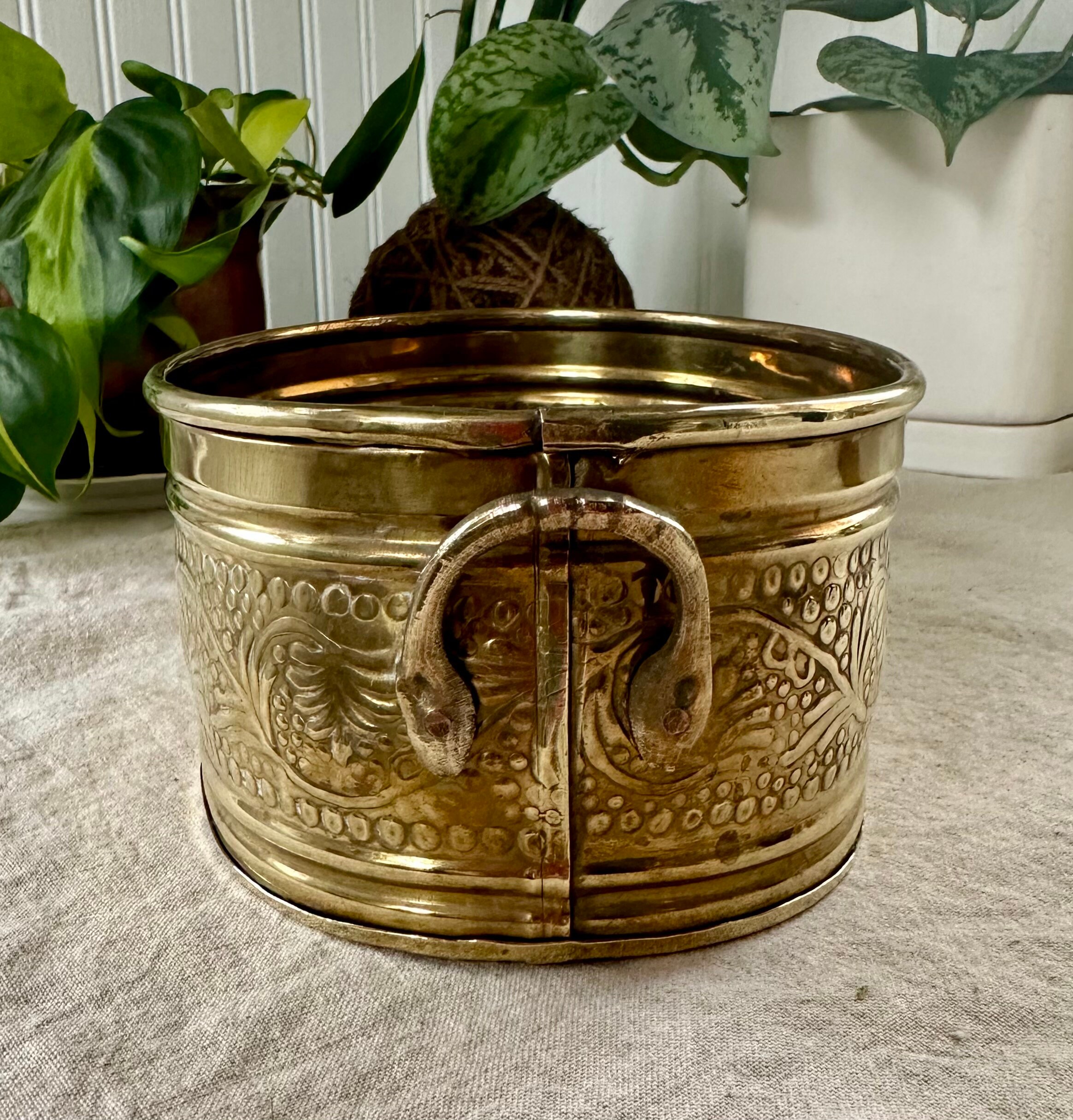 Vintage Embossed Brass Planter Oval Handles Boho Mid Sized Etsy