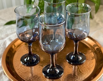 Vintage Libbey Dusky Blue Tulip Goblets, Set of 4 (6.5")