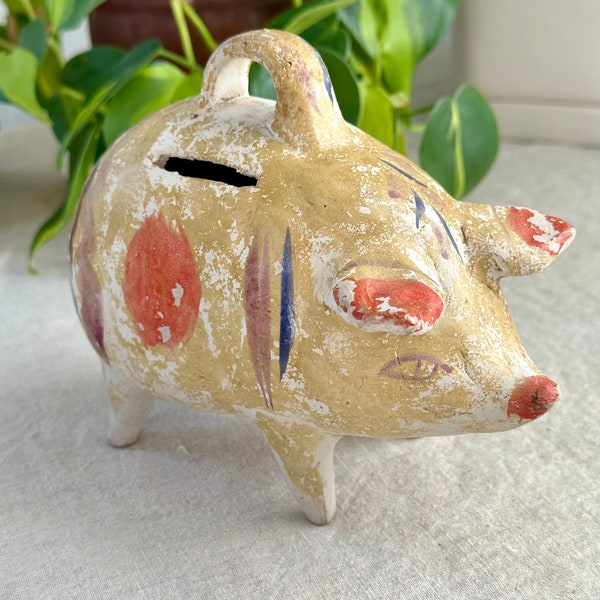 Vintage Rustic Piggy Bank Mexico, Folk Art, Handmade, Ceramic, Pottery