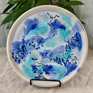 Handmade Ceramic Plate/Tray, Blues, Round, Abstract Design, Signed, Vintage