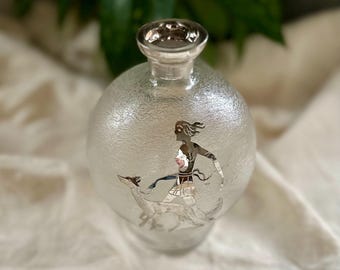 Rare Art Deco Perfume Bottle/Decanter, Nude Woman Walking Dog, Textured Glass, Silver, Vintage