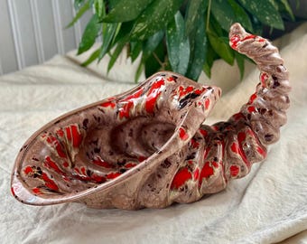 Vintage 1970s Ceramic Cornucopia Centerpiece Retro Tan, Orange, Brown Thanksgiving Decor