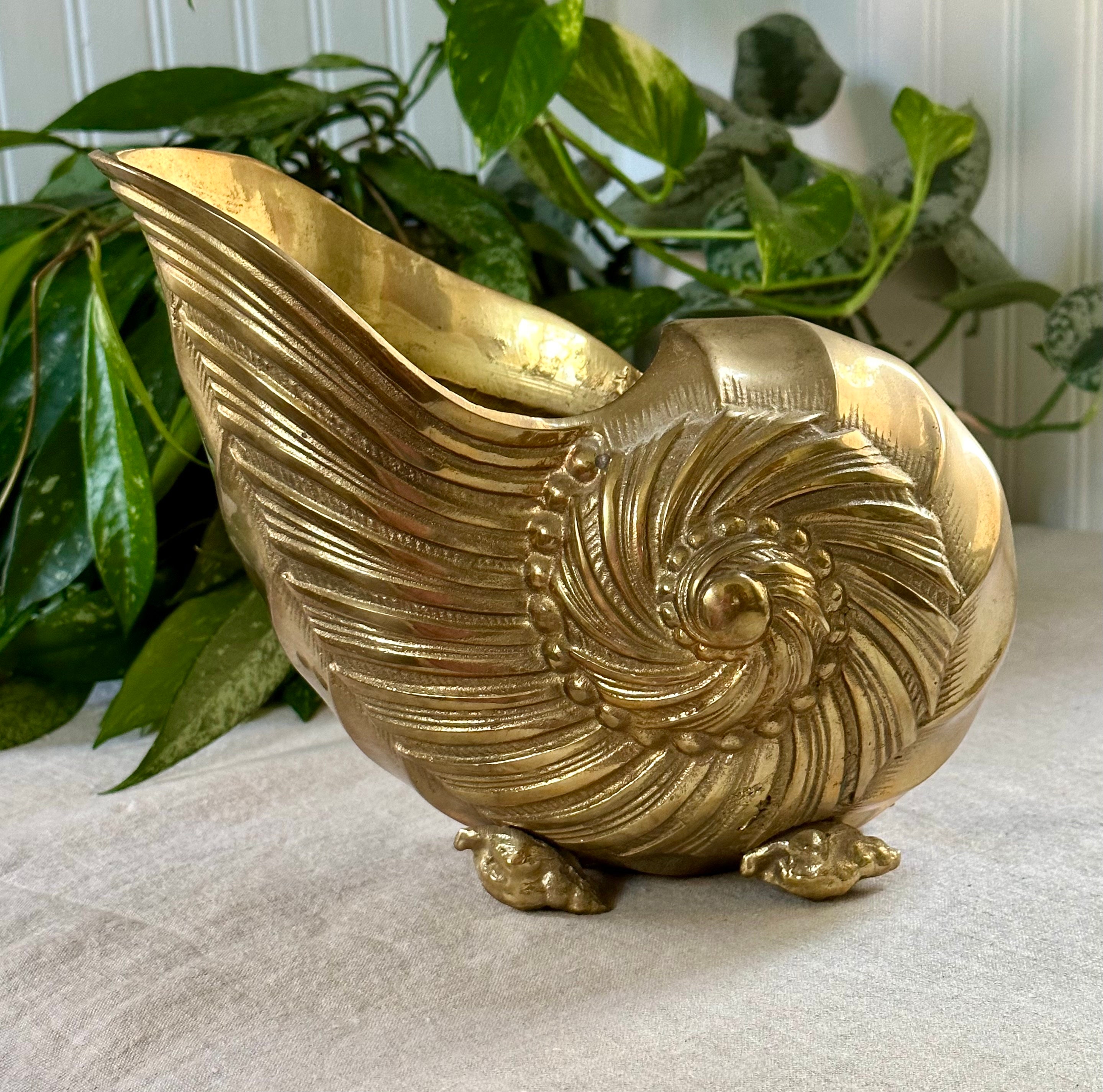 Large Scale Brass Nautilus Shell, Vintage Brass Seashell Art