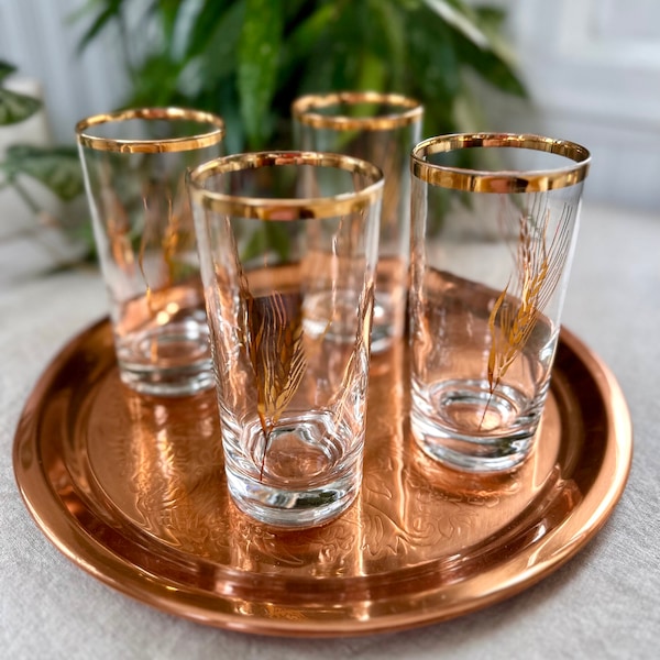 Vintage High Ball Cocktail Glasses/Tumblers, Set of 4, Gold Wheat Pattern, Mid Century